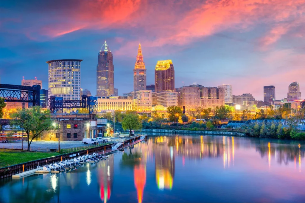 Colorful Cleveland skyline at dusk, one of the cities ranked among the most dangerous in 2025.