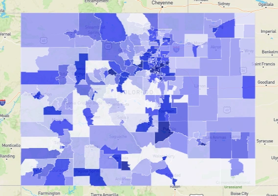 Crime density map of Colorado counties, shaded to represent regional crime rates and hotspots in 2025.