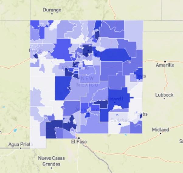 Crime density map of New Mexico counties highlighting regional differences in 2025 crime statistics.