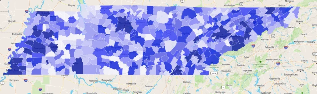 Crime density map of Tennessee counties showing crime rate variations across the state in 2025
