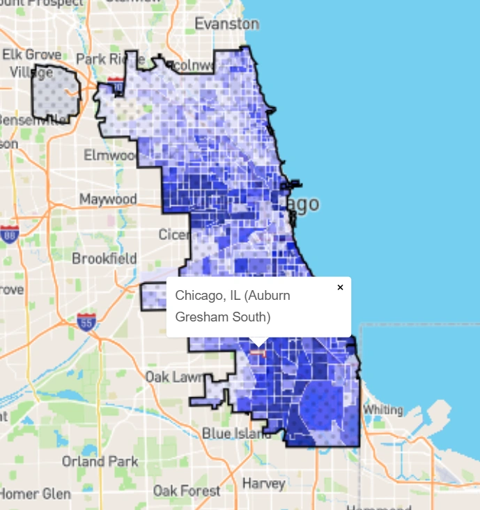 Crime heat map of Chicago neighborhoods in 2025, highlighting Auburn Gresham South area.