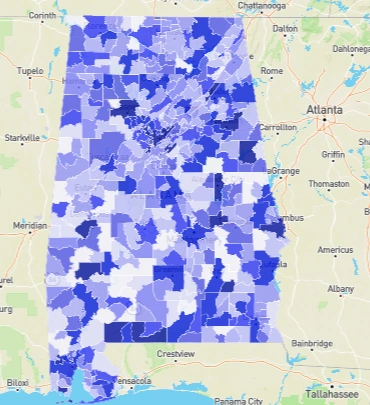 Crime heatmap of Alabama counties showing high and low crime regions based on 2025 data analysis.