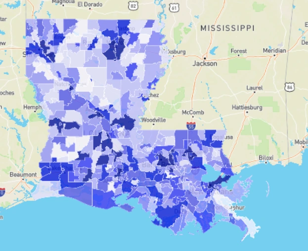 Crime heatmap of Louisiana counties indicating crime levels and dangerous zones in 2025 data trends.