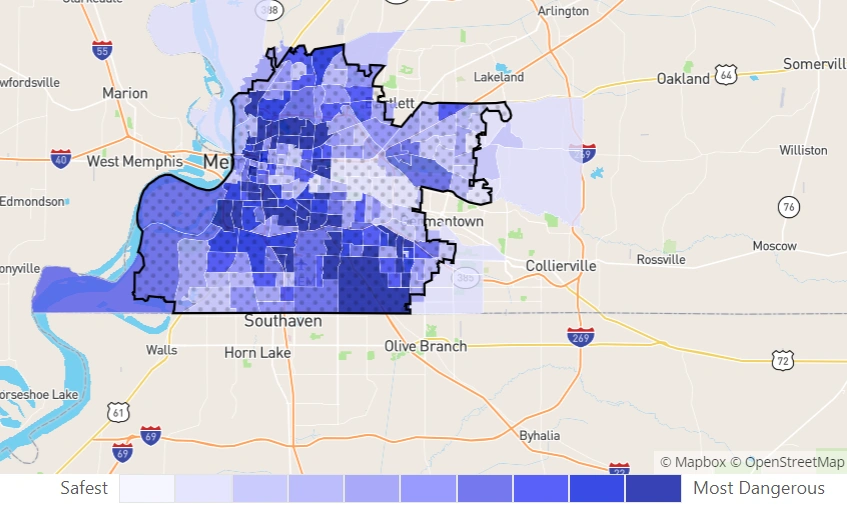 Carte de la criminalité montrant les quartiers de Memphis classés du plus sûr au plus dangereux.