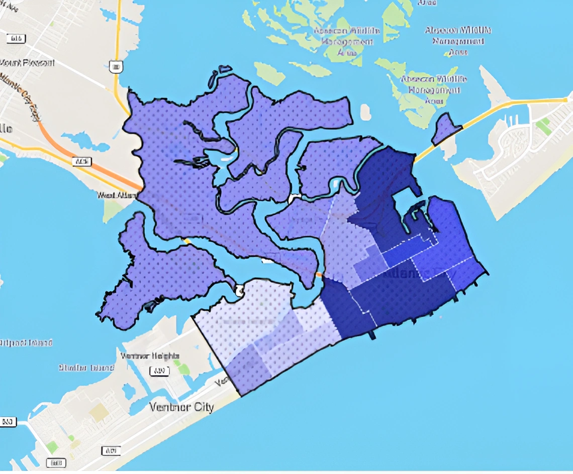 Carte thermique des taux de criminalité dans les quartiers d'Atlantic City, mettant en évidence les zones les plus sûres et les plus risquées.