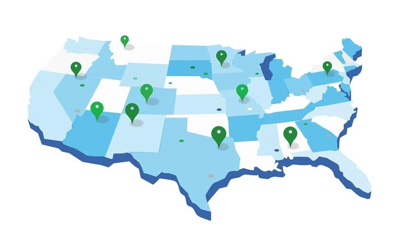 Illustrated USA map with markers highlighting dangerous states based on 2025 crime data trends.