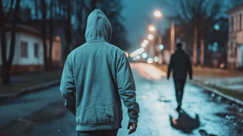 Image d'une personne marchant dans un environnement urbain sombre, symbolisant des problèmes potentiels de sécurité.