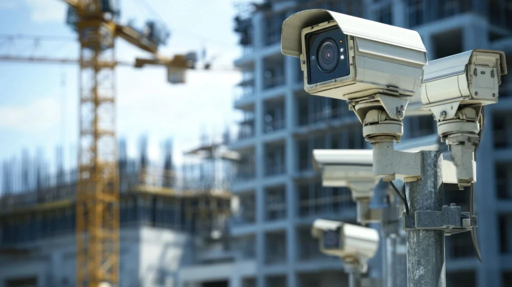 Long-range bullet security cameras monitoring construction site with cranes and building frames.