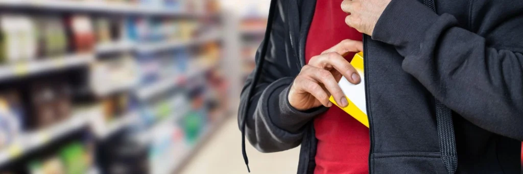 Person hiding stolen item inside jacket in store, illustrating shoplifting and theft crime.