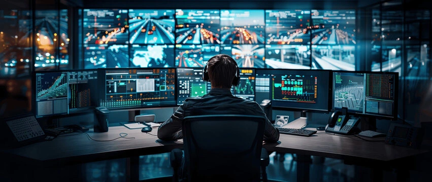 Police surveillance center monitoring traffic and theft cases with multiple security screens.
