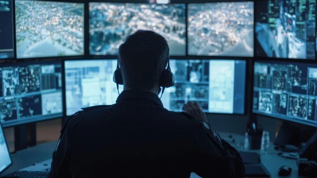Salle de surveillance de la police avec un agent surveillant les statistiques criminelles d'Atlantic City sur plusieurs écrans