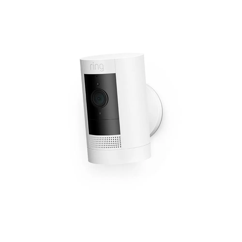 Ring wireless security camera with remote viewing feature.