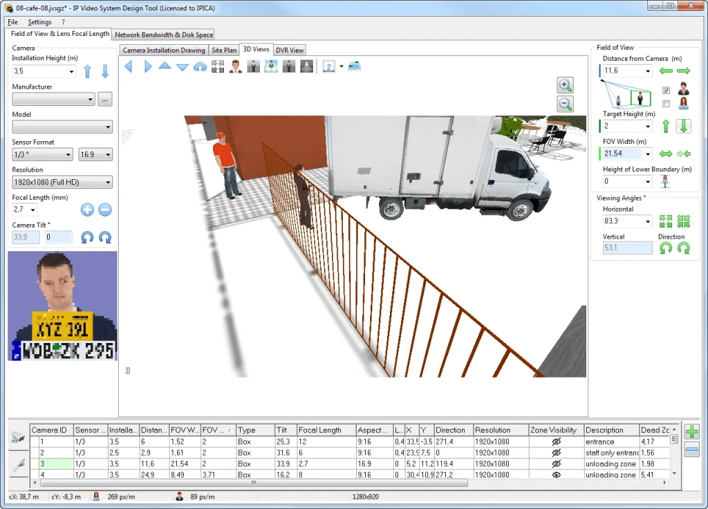 Security camera design tool simulating dome camera placement, field of view, and coverage accuracy