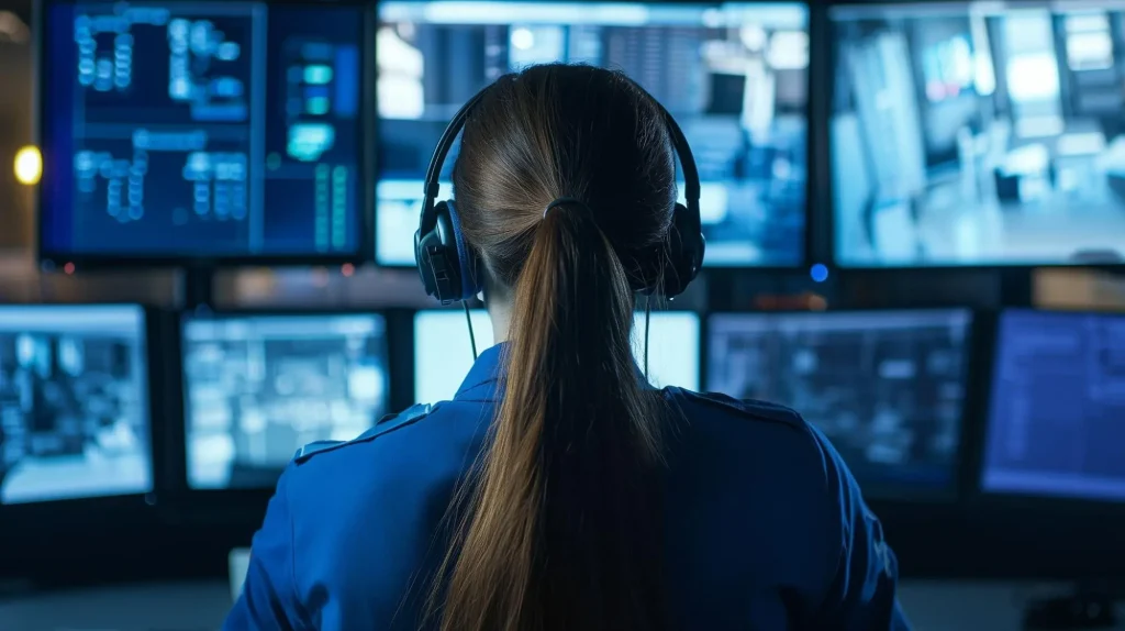Security control room monitoring wireless camera feeds remotely.