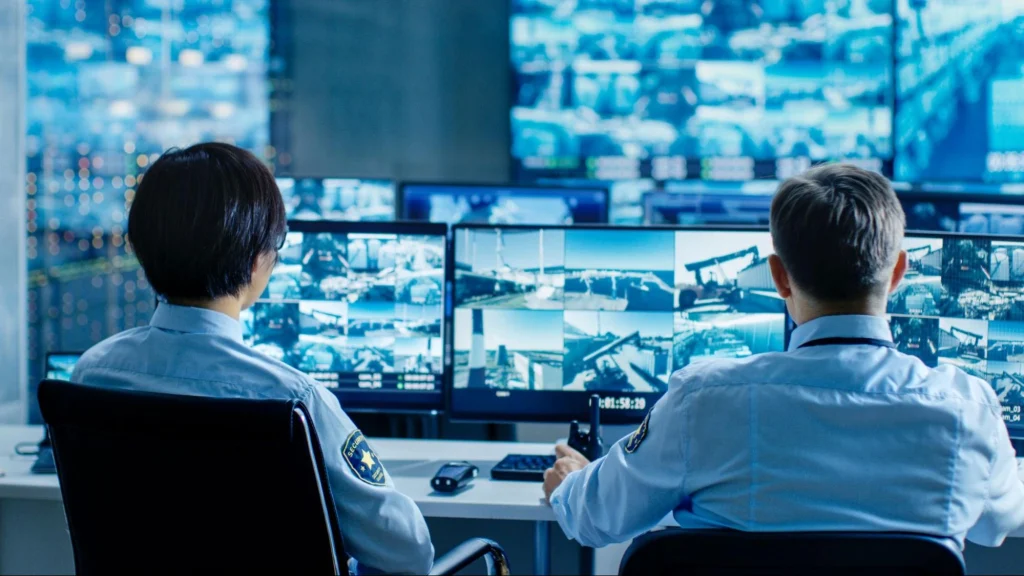 Security officers monitor multiple surveillance screens for safety in Minneapolis 2025.