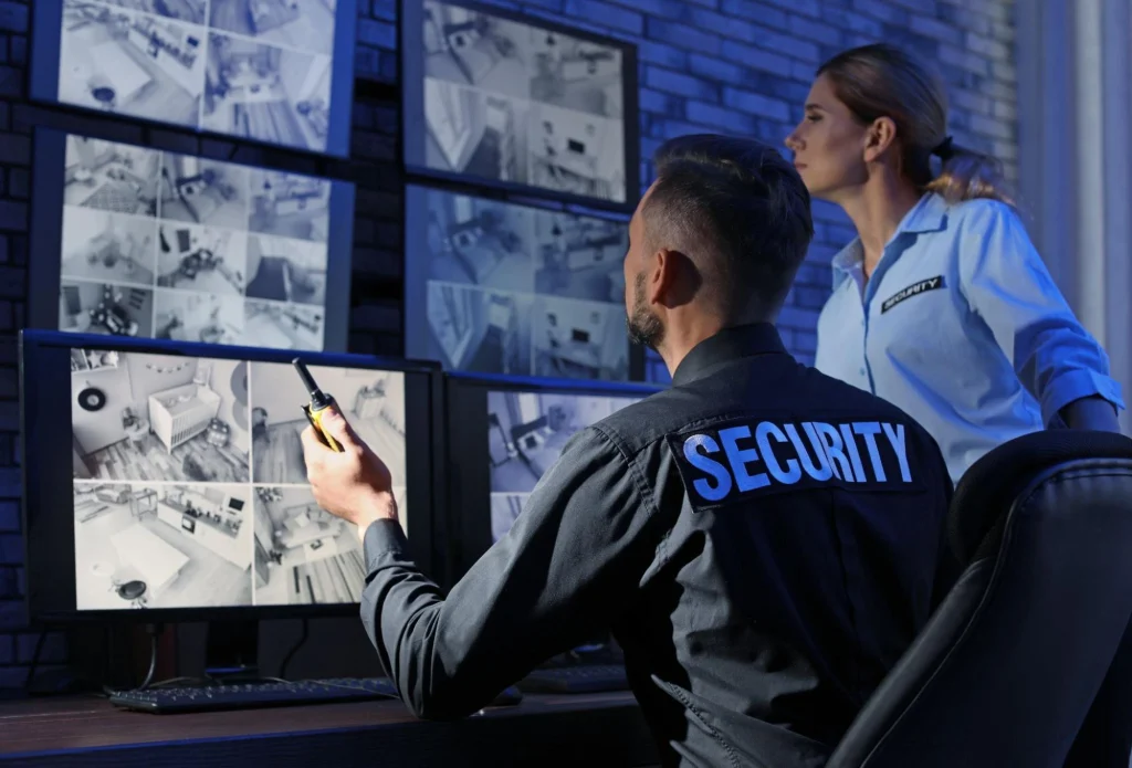Security officers monitoring multiple dome camera feeds on control room screens for effective coverage