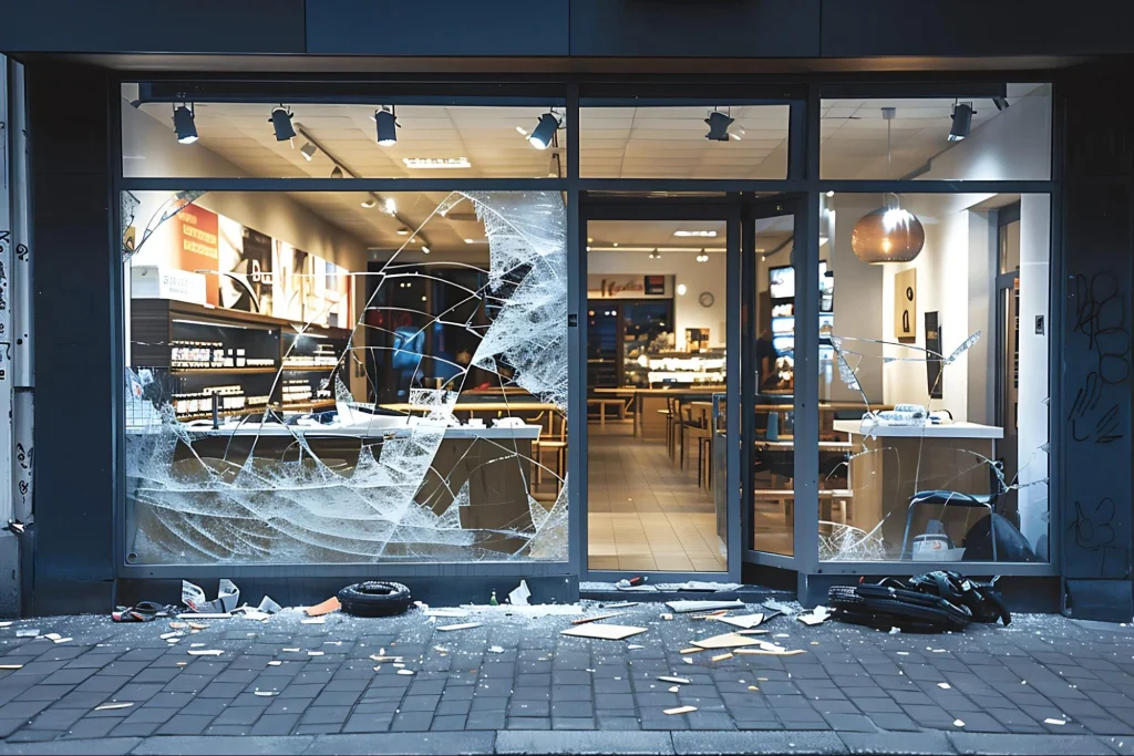 La vitre brisée de la devanture d'un magasin montre les dégâts causés par un cambriolage, alors que les alarmes de fenêtre pourraient aider à prévenir le vol.