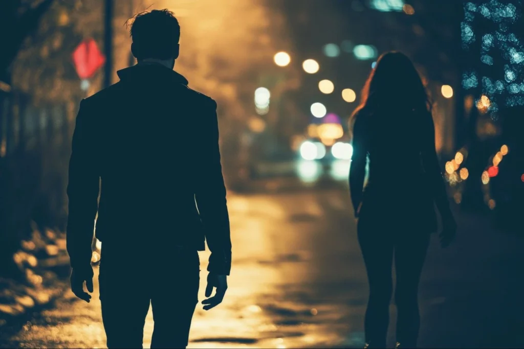 Silhouettes-of-a-man-and-woman-walking-safely-at-night-in-a-well-lit-street.