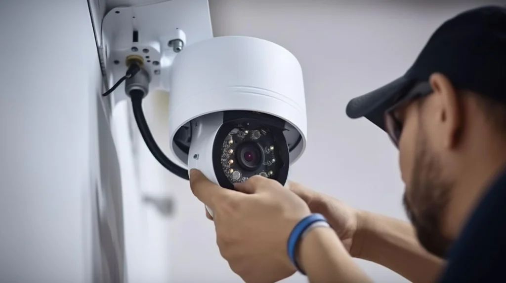 Technician installing dome security camera on ceiling to maximize coverage and ensure proper setup