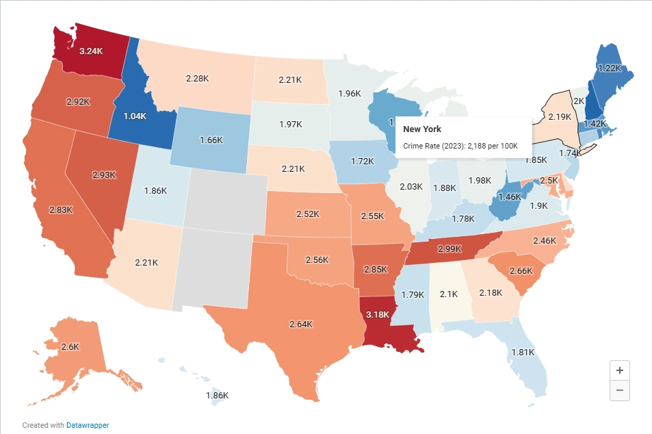 United States crime rate heatmap 2023 highlighting New York crime rate compared to other states