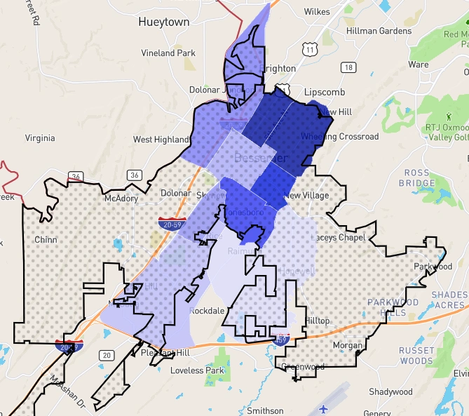 Bessemer, Alabama crime rate map highlighting dangerous neighborhoods with dark blue shaded areas 2025.