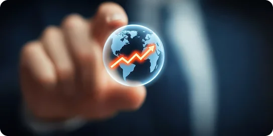 Business hand touching digital globe with growth arrow, representing Sirix global