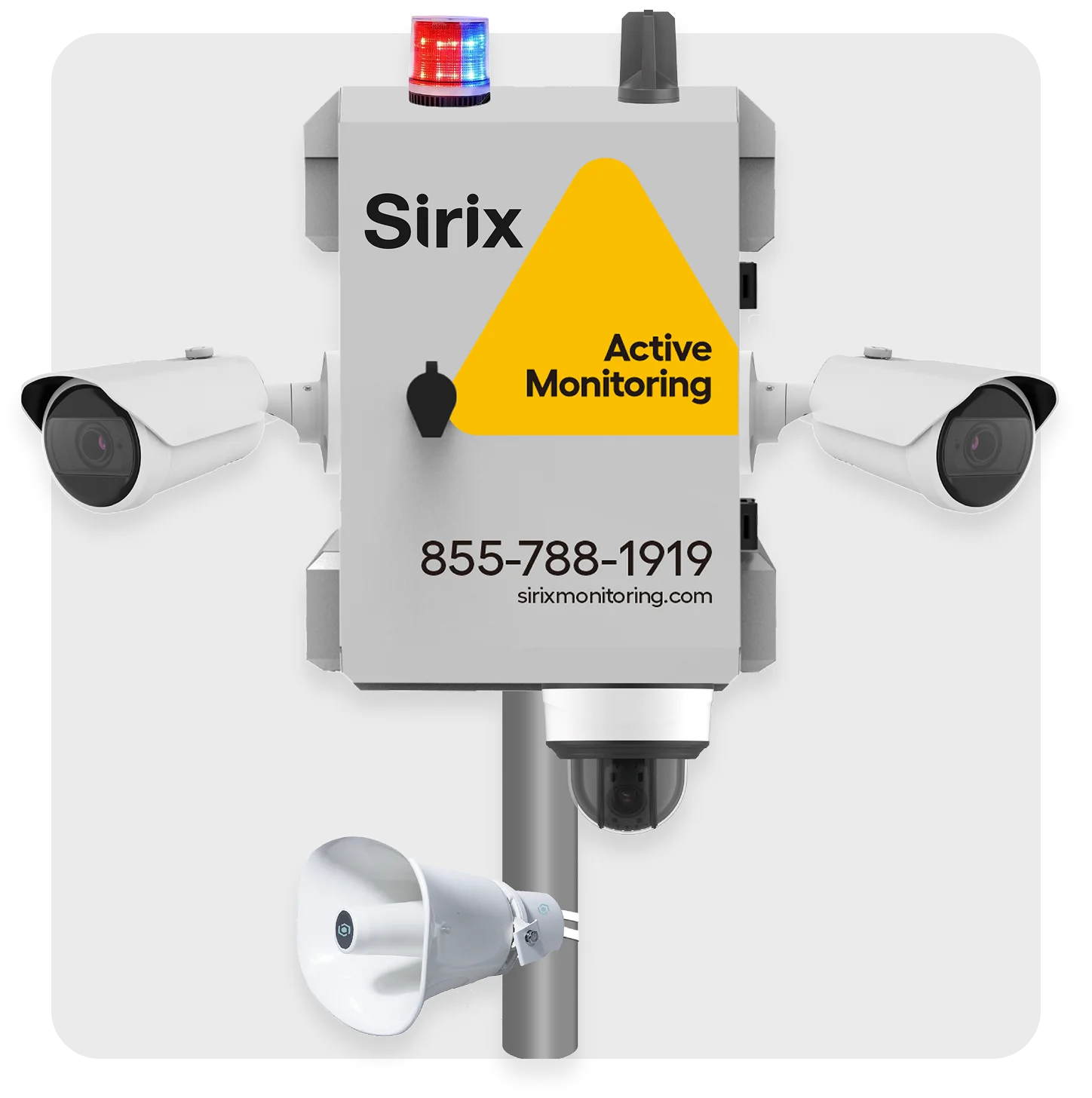 Sirix surveillance unit with cameras, light, and “Surveillance active” sign
