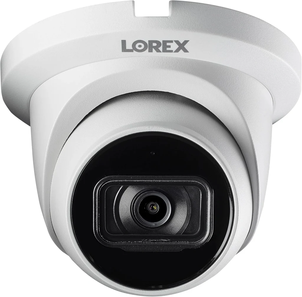 Close-up of a Lorex PoE security camera designed for outdoor surveillance with night vision.