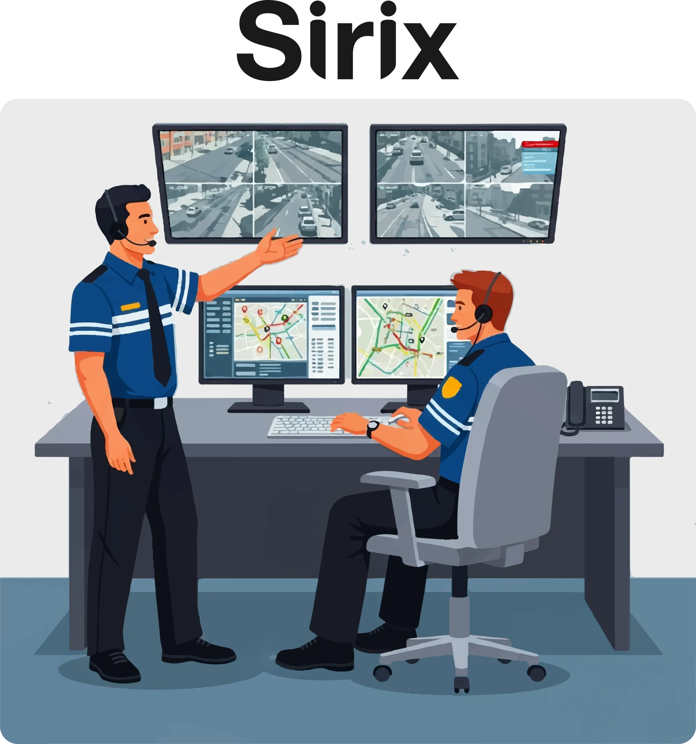 Control room illustration with Sirix operators remotely monitoring cameras integrated with Genetec.