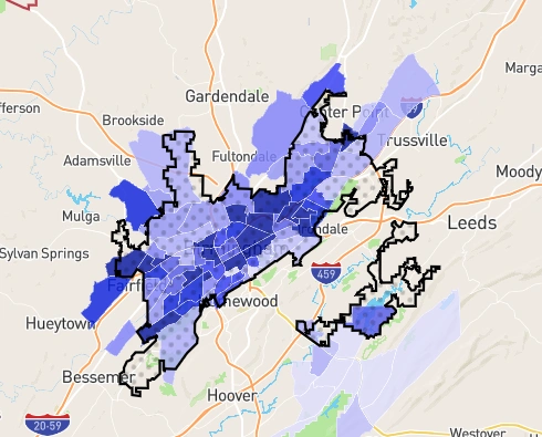 Crime heat map showing high-risk areas in Birmingham, Alabama highlighting dangerous city zones 2025.