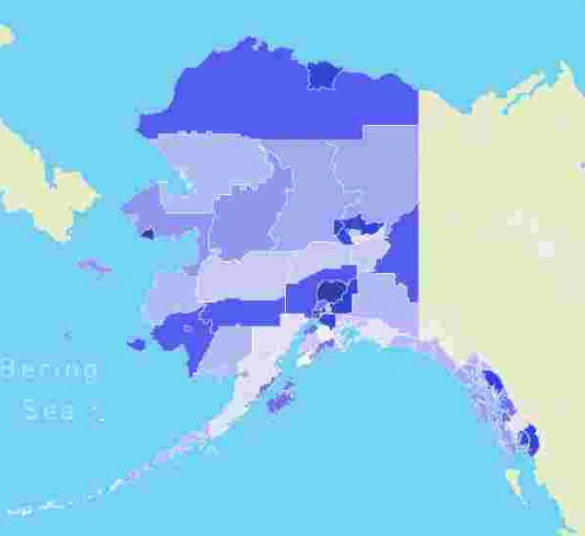 Crime rate distribution map of Alaska in 2025 showing regions with varying crime levels across the state.