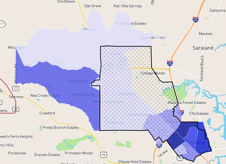 Crime rate map of Prichard, Alabama highlighting high-risk neighborhoods marked with darker blue zones.