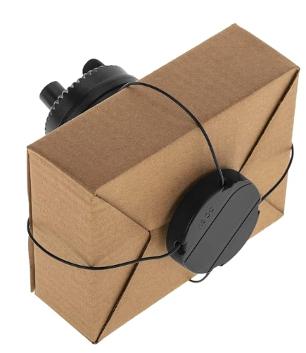 Electronic security cable tag attached to a product box for retail theft prevention in 2025 stores