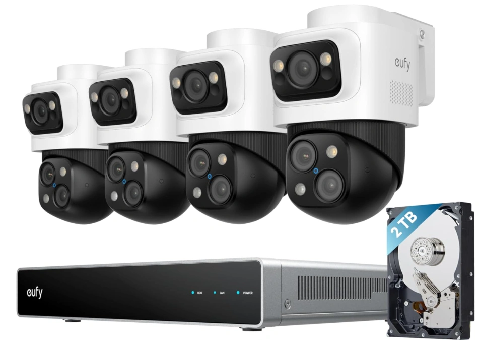 Eufy PoE security camera system with four smart cameras, NVR recorder, and 2TB hard drive.