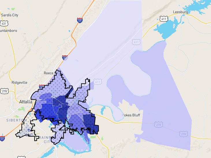 Gadsden, Alabama high-crime area map showing unsafe neighborhoods highlighted in dark blue regions 2025.