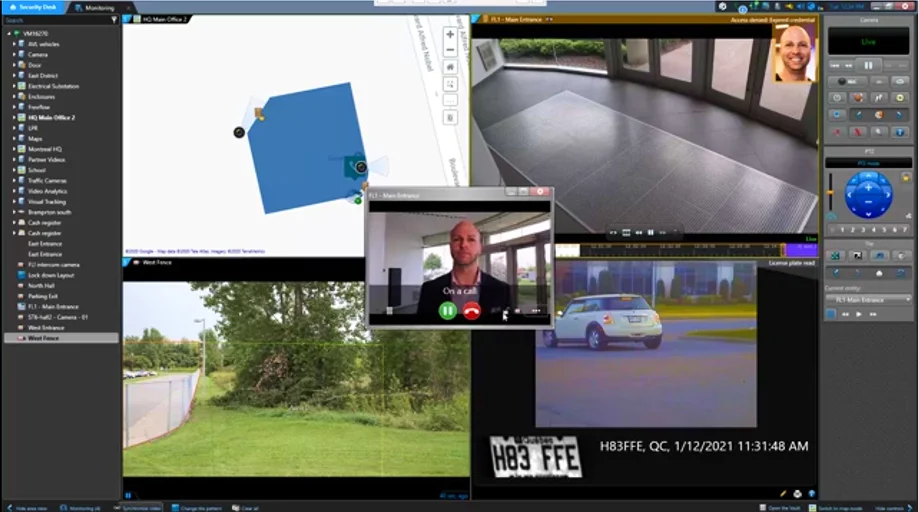 Genetec Security Desk interface showing real-time video feeds, access control, and live monitoring.