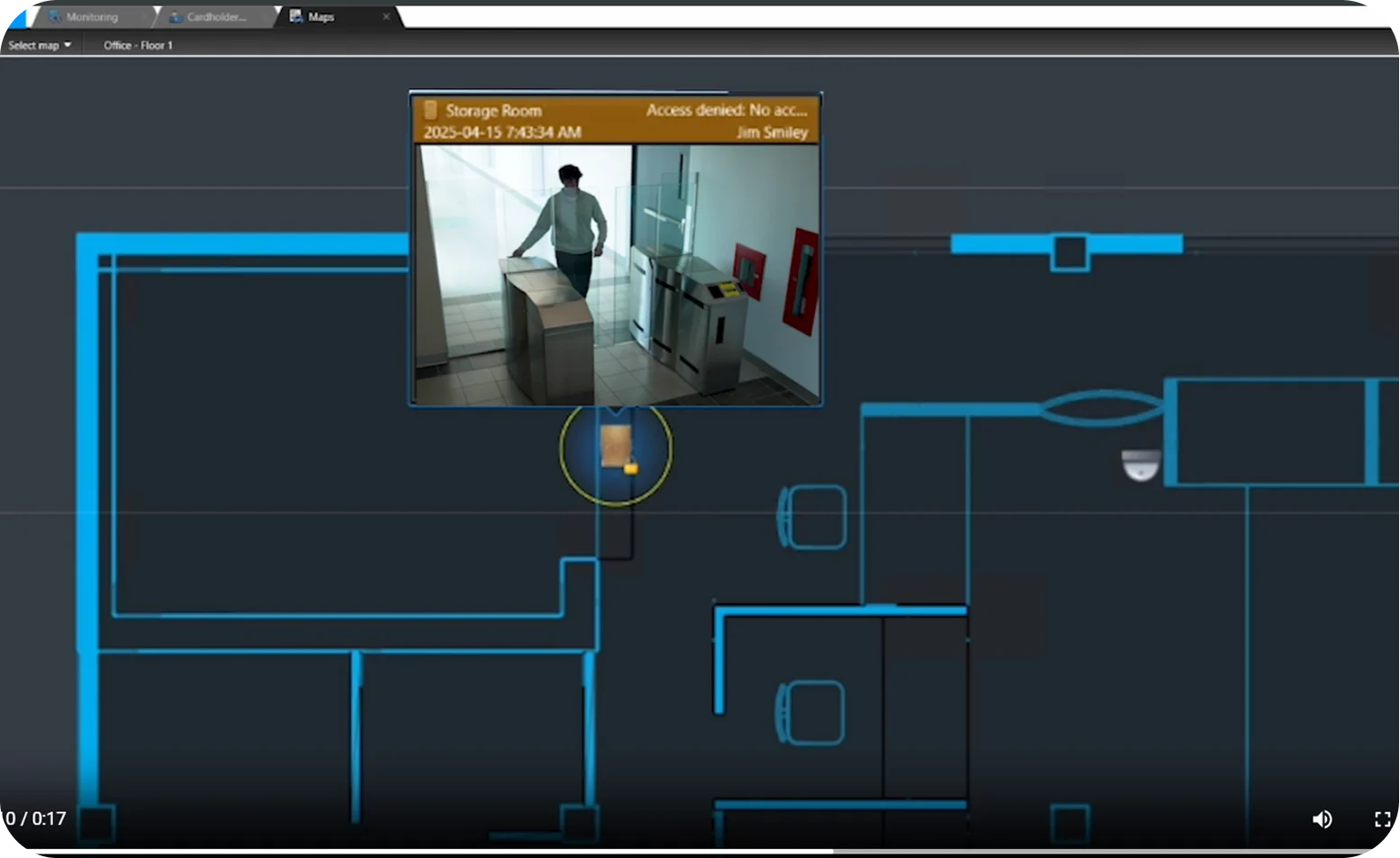 Genetec access control map showing entry event alert