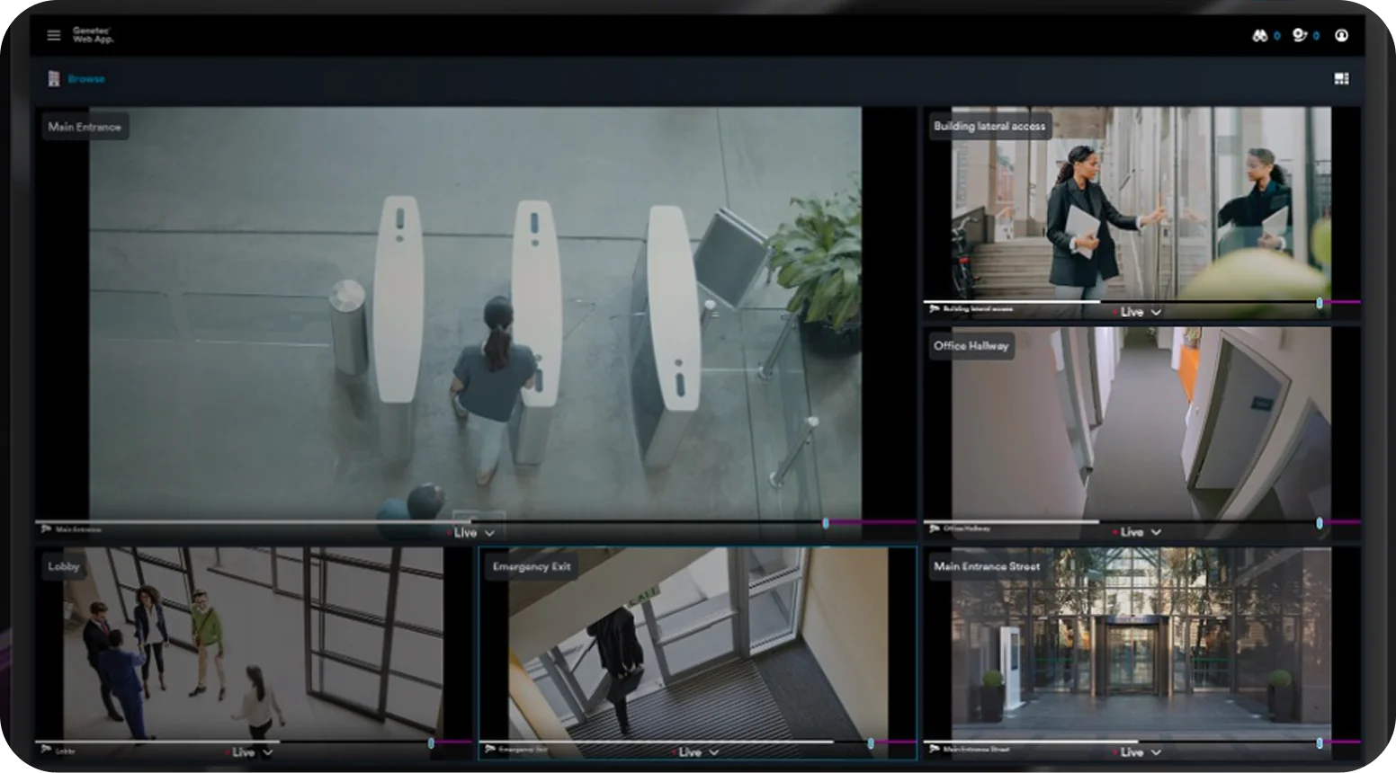 Genetec security dashboard with multiple live camera feeds