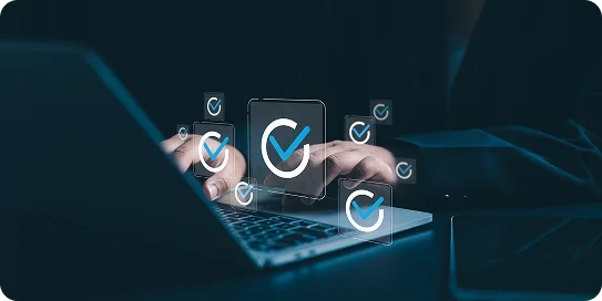 Hands typing on laptop with digital check icons, symbolizing verified Sirix system integration.