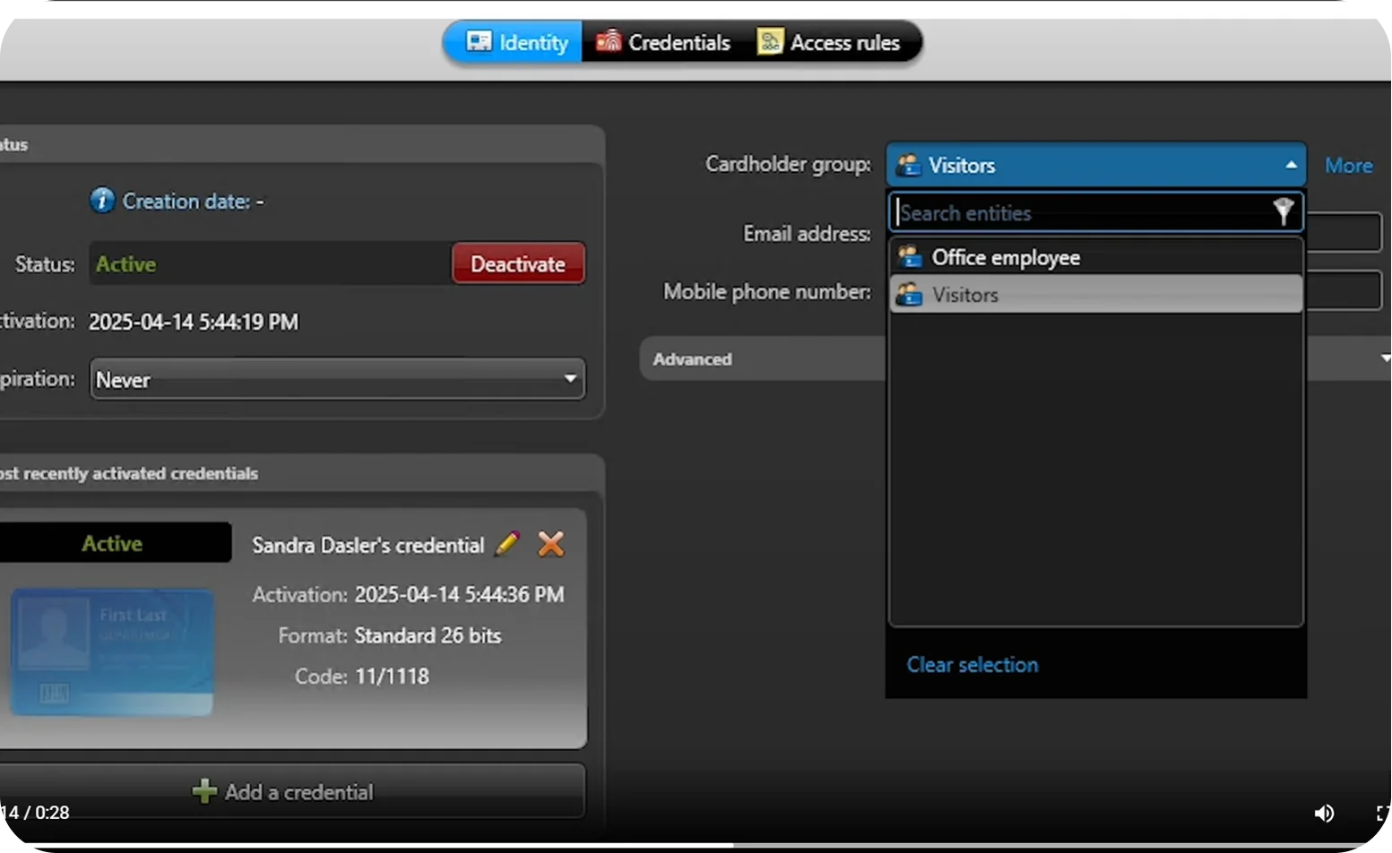 Managing visitor access in Genetec credential interface