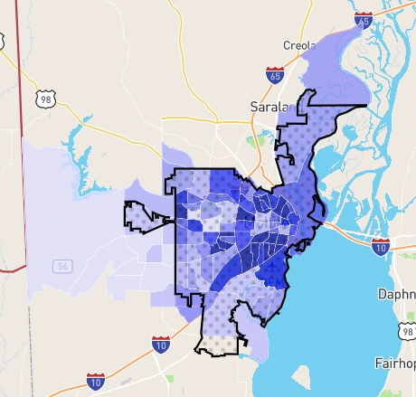 Mobile, Alabama crime rate visualization with shaded blue regions indicating the most unsafe zones 2025.