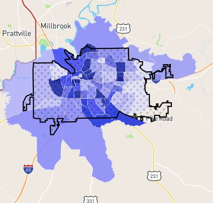 Montgomery, Alabama map showing neighborhood crime intensity with highlighted blue danger zones 2025.