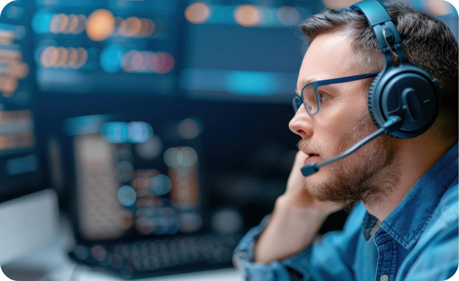 Operator using headset for Genetec remote monitoring