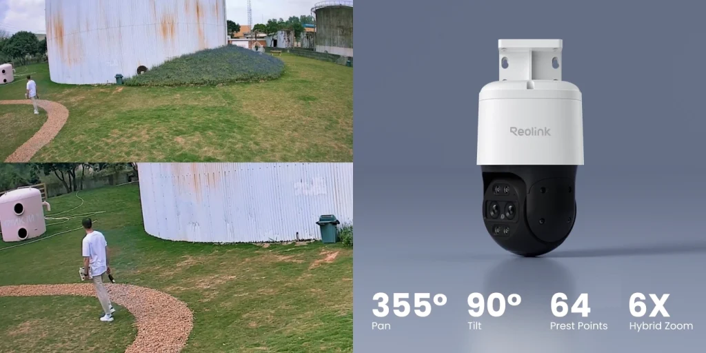 Reolink PoE security camera with 355-degree pan, 90-degree tilt, and 6X hybrid zoom features.