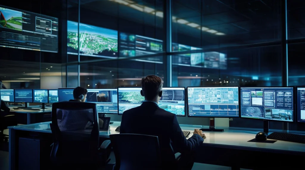 Security control room with staff monitoring multiple surveillance screens for retail theft detection