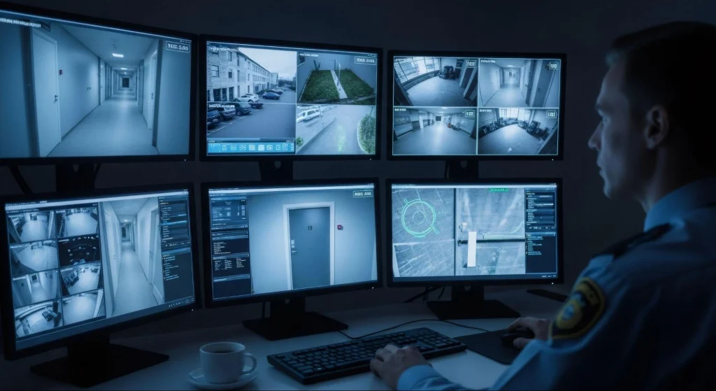 Security officer monitoring multiple PoE camera feeds on screens in a control room setup.