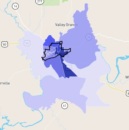 Selma, Alabama crime heat map showing concentrated dangerous areas marked with dark blue shading 2025.