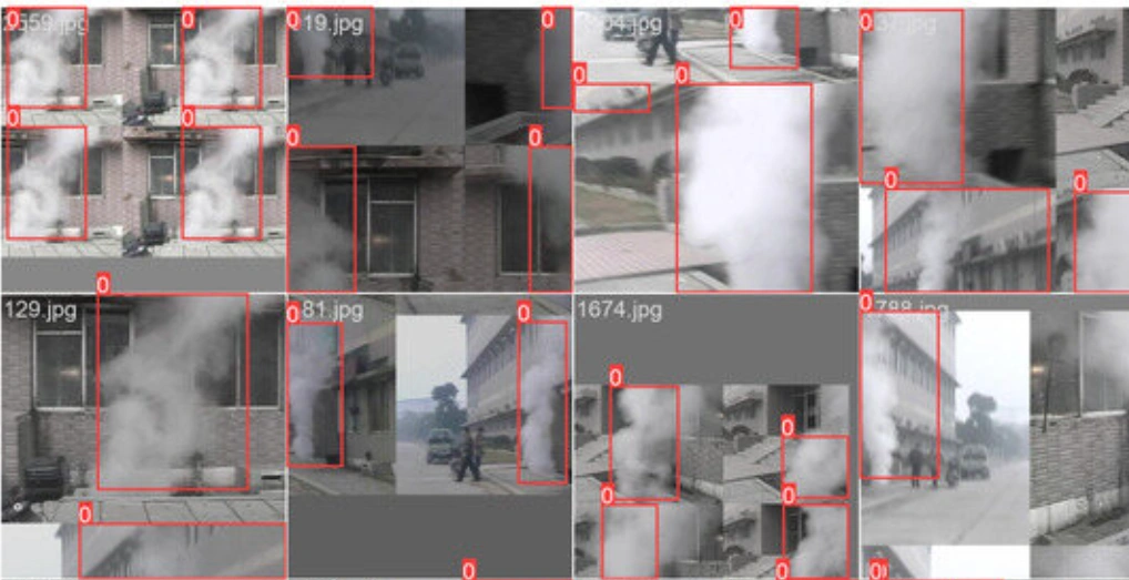 Images de détection de fumée analysées avec des boîtes de vision artificielle pour l'identification du feu et de la fumée