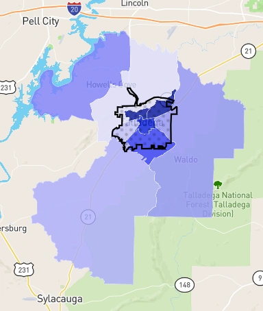 Talladega, Alabama crime distribution map with highlighted dangerous neighborhoods marked in blue 2025.