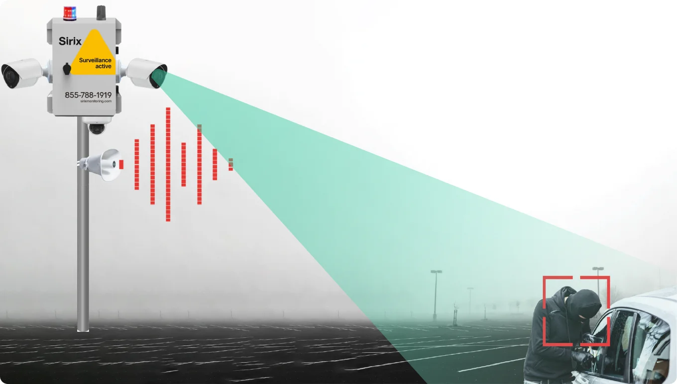 Autonomous Sirix security box detecting suspicious car break-in with cameras, siren and spotlight.